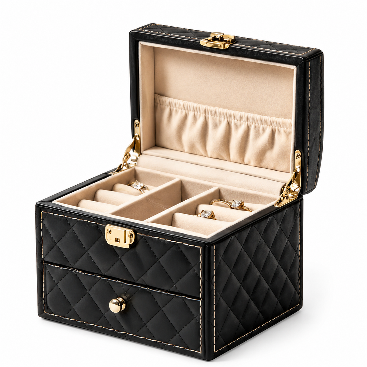 Quilted Black Faux Leather Jewelry Box