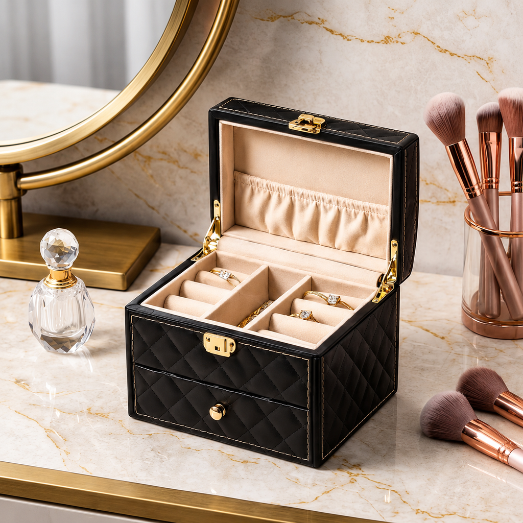 Quilted Black Faux Leather Jewelry Box