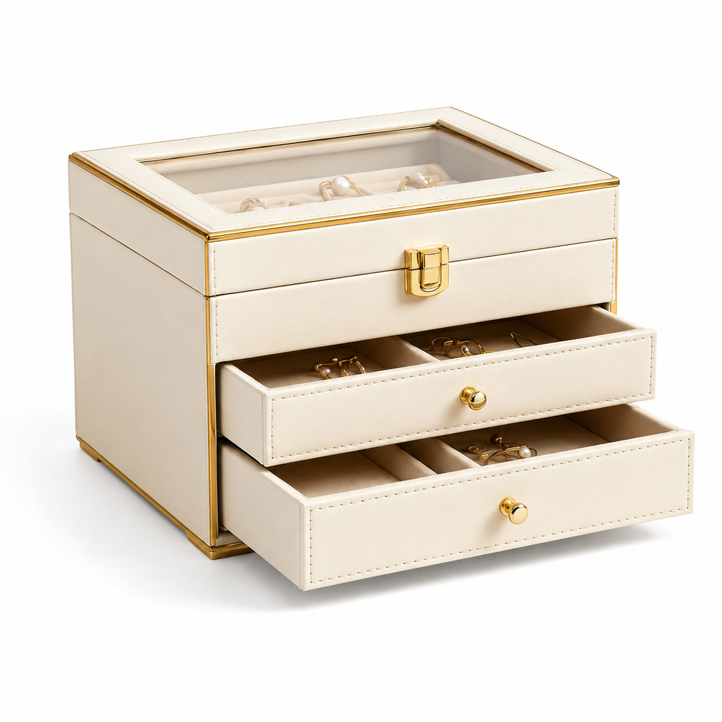 Cream Glass-Top Jewelry Box with Gold Trim