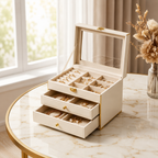 Cream Glass-Top Jewelry Box with Gold Trim