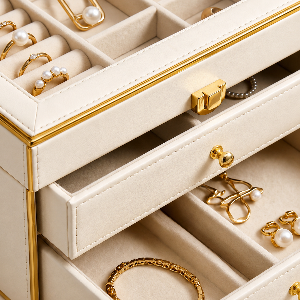 Cream Glass-Top Jewelry Box with Gold Trim