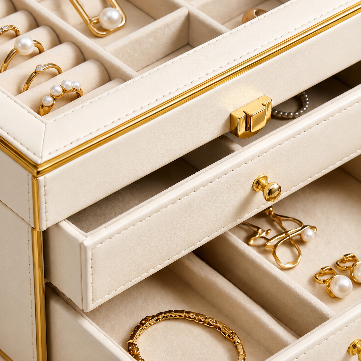 Cream Glass-Top Jewelry Box with Gold Trim
