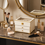 Cream Glass-Top Jewelry Box with Gold Trim