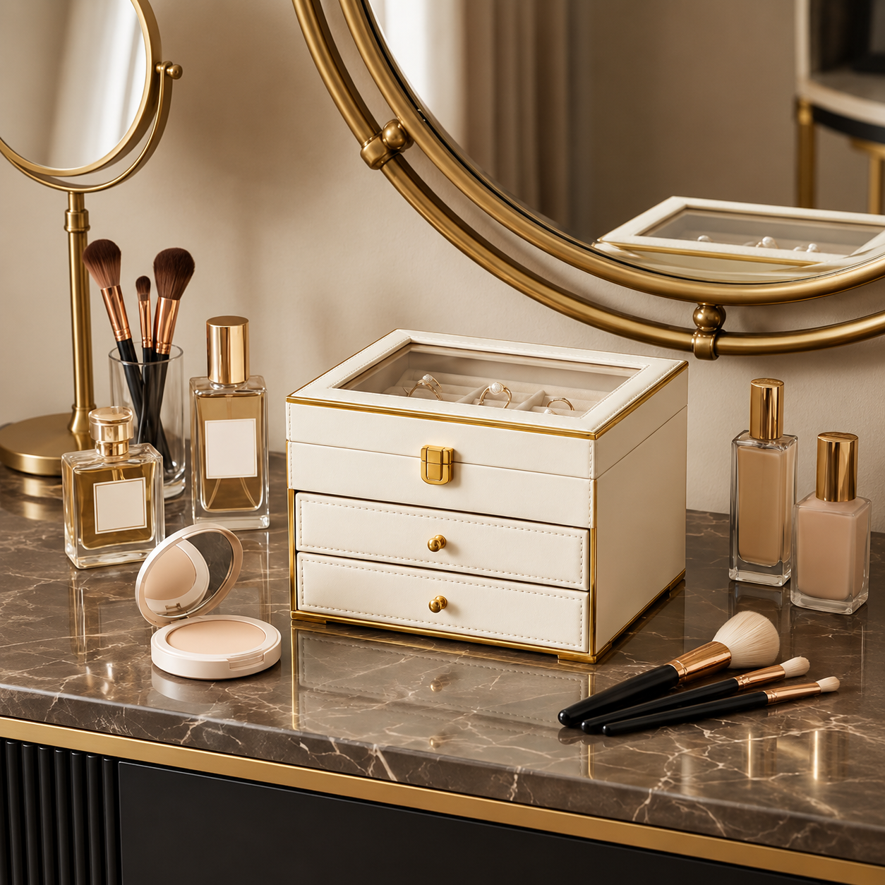 Cream Glass-Top Jewelry Box with Gold Trim