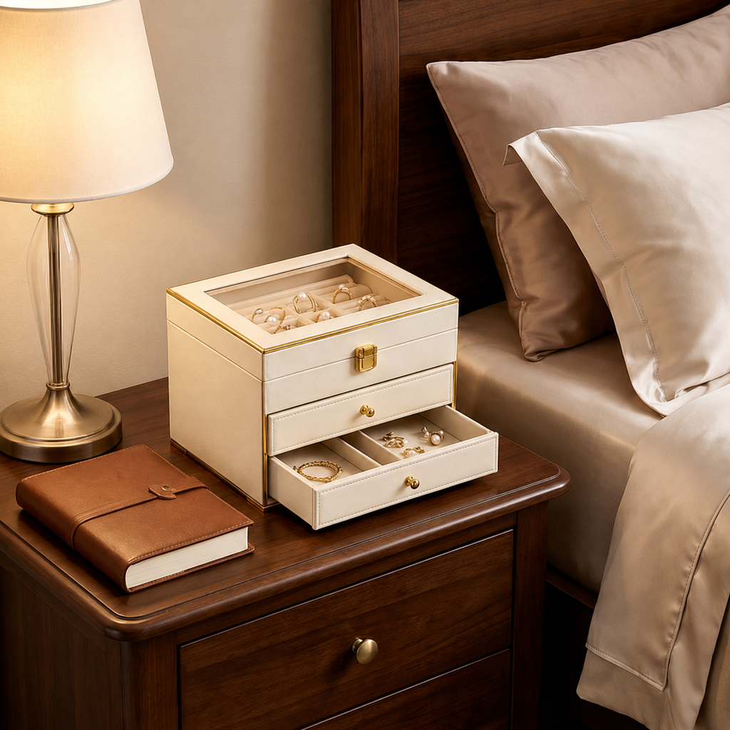 Cream Glass-Top Jewelry Box with Gold Trim