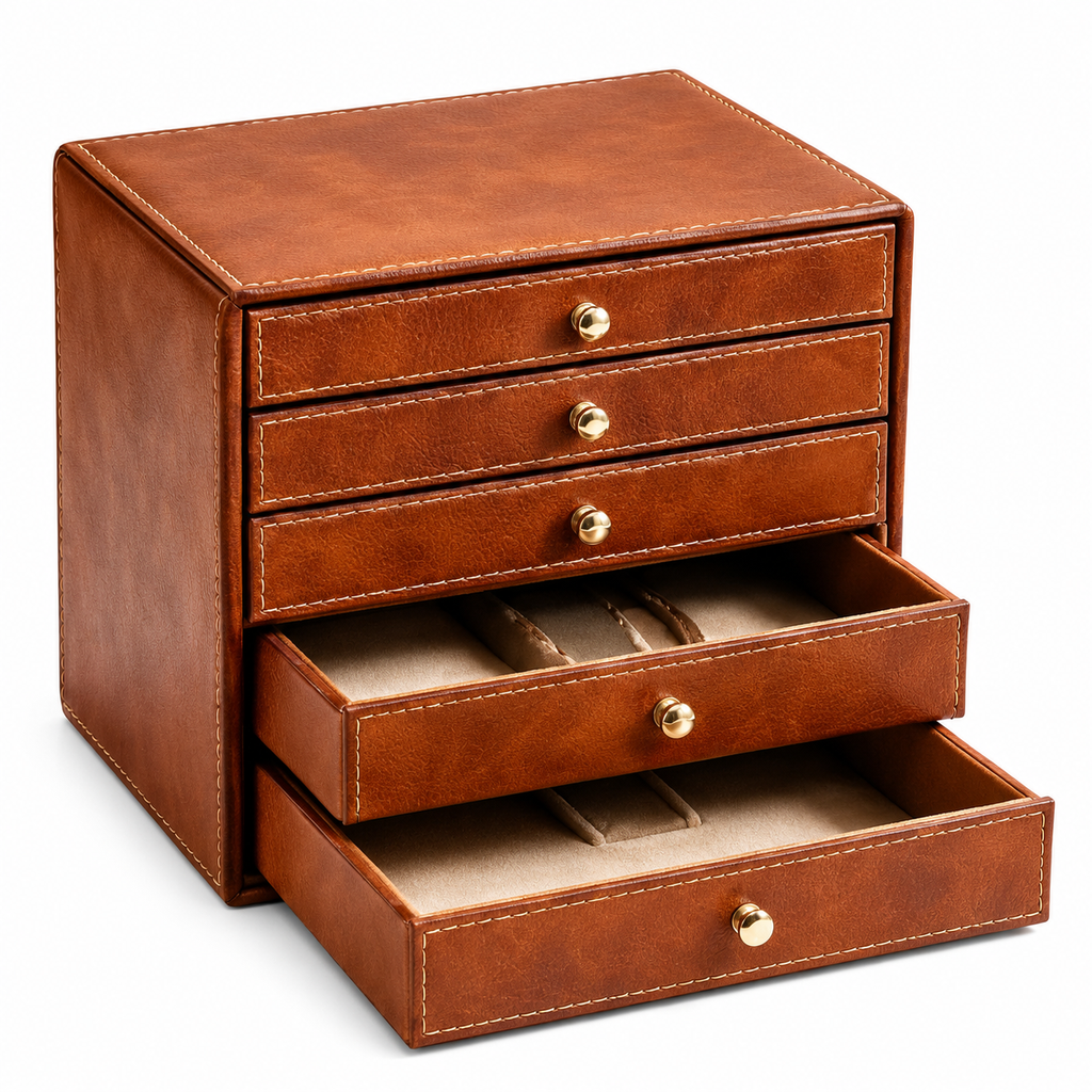 Cognac Brown 5-Drawer Jewelry Box