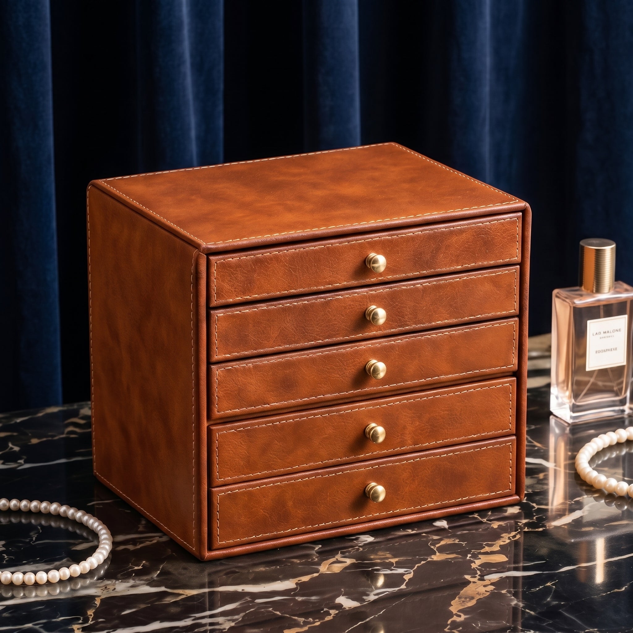 Cognac Brown 5-Drawer Jewelry Box