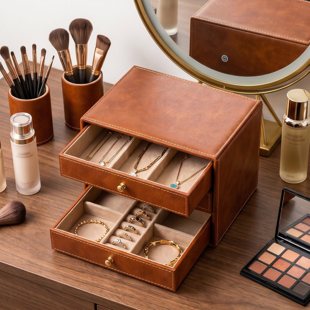 Cognac Brown 5-Drawer Jewelry Box