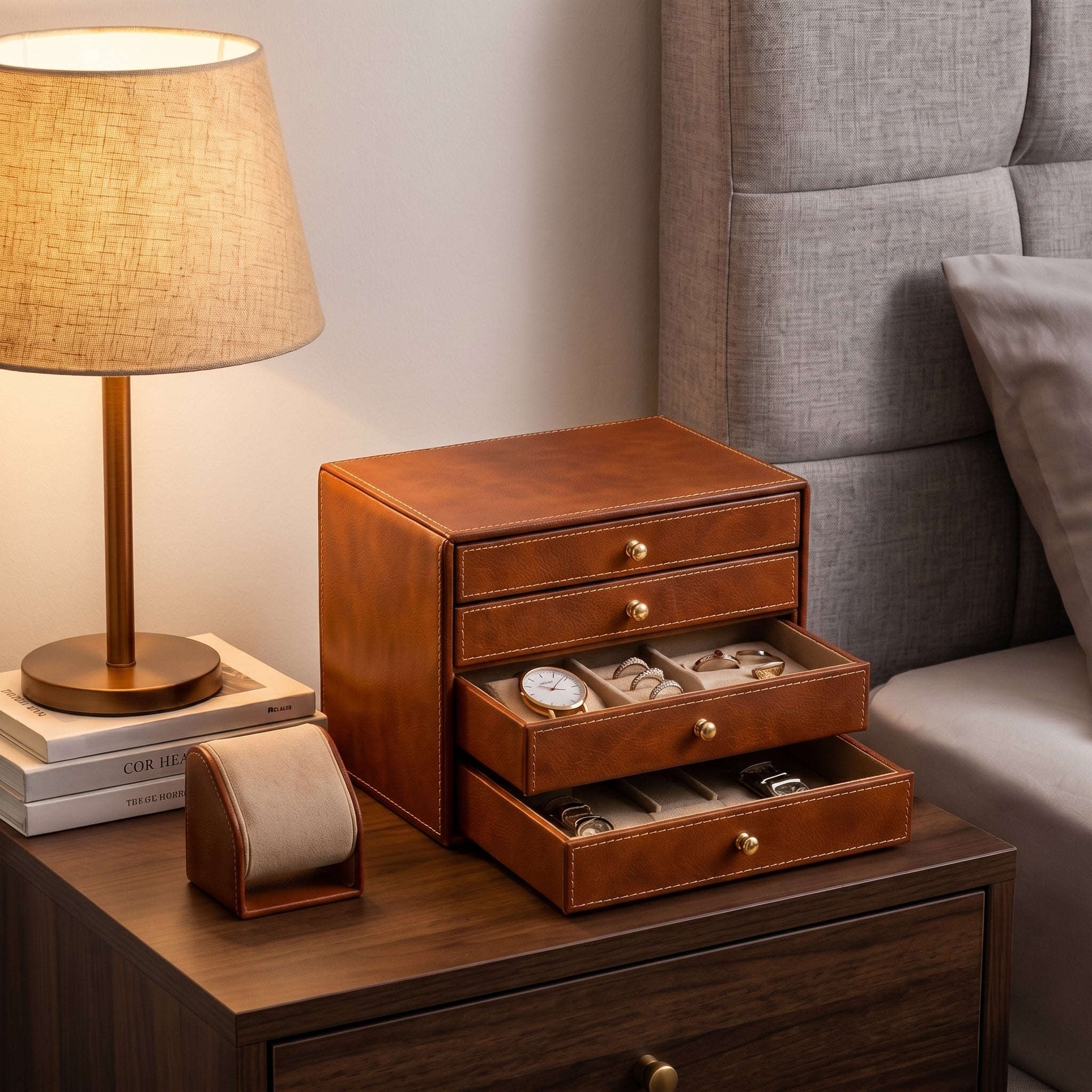 Cognac Brown 5-Drawer Jewelry Box