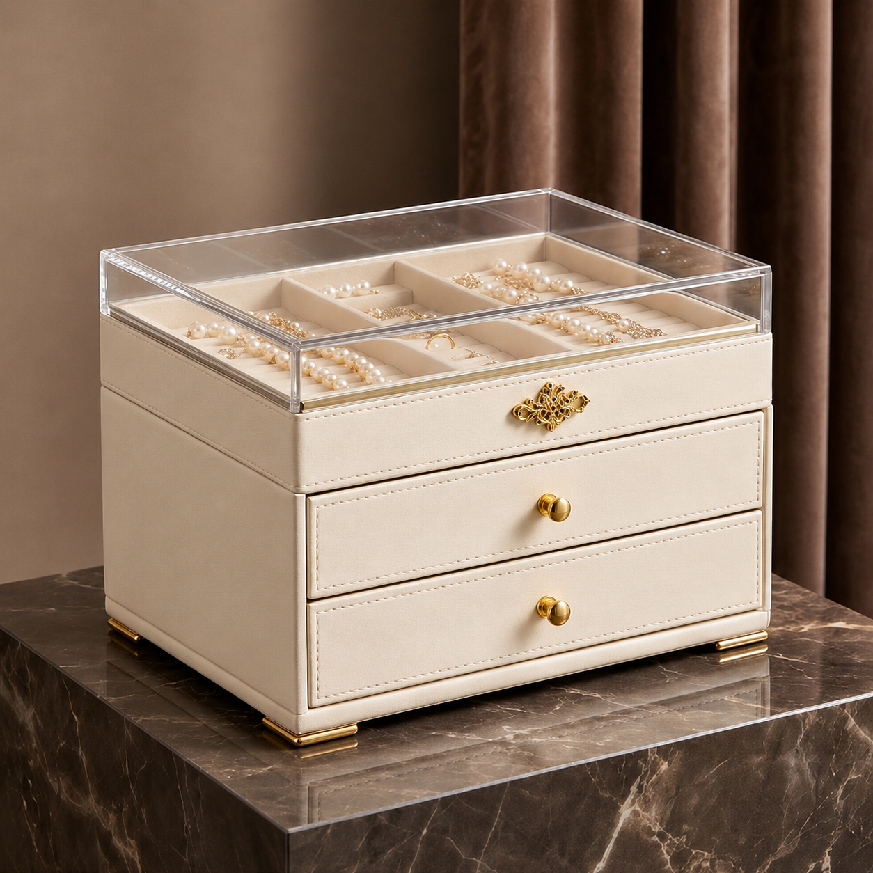 Cream Clear-Top Display Jewelry Box