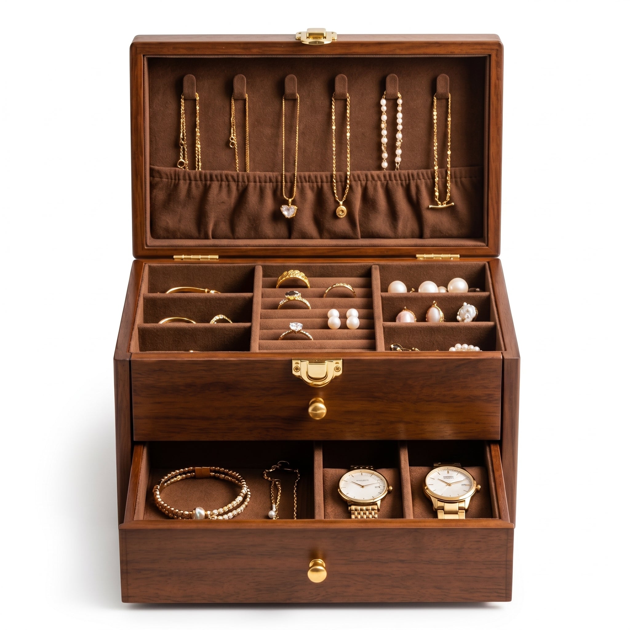 Classic Walnut Finish 3-Tier Wooden Jewelry Box