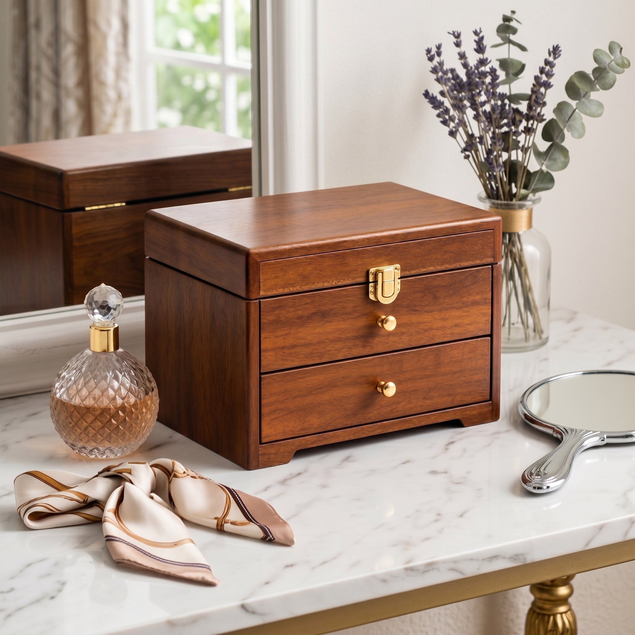 Classic Walnut Finish 3-Tier Wooden Jewelry Box