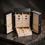 Black Fold-Out Faux Leather Jewelry Armoire