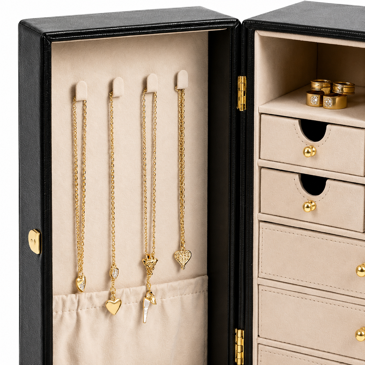 Black Fold-Out Faux Leather Jewelry Armoire