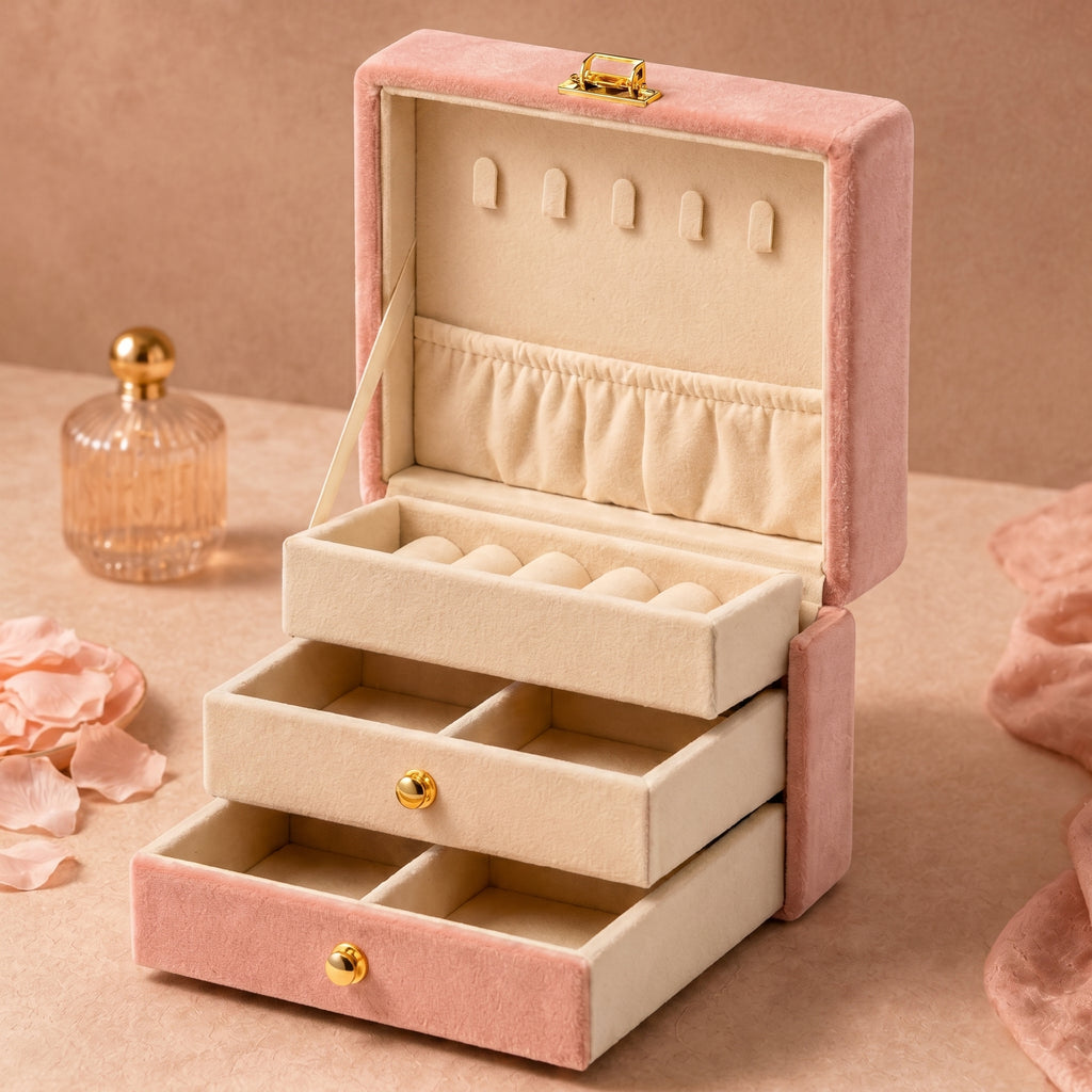 Blush Pink Velvet 3-Tier Jewelry Box