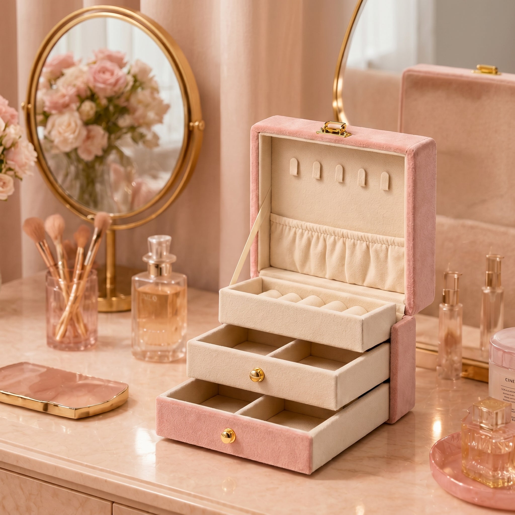 Blush Pink Velvet 3-Tier Jewelry Box