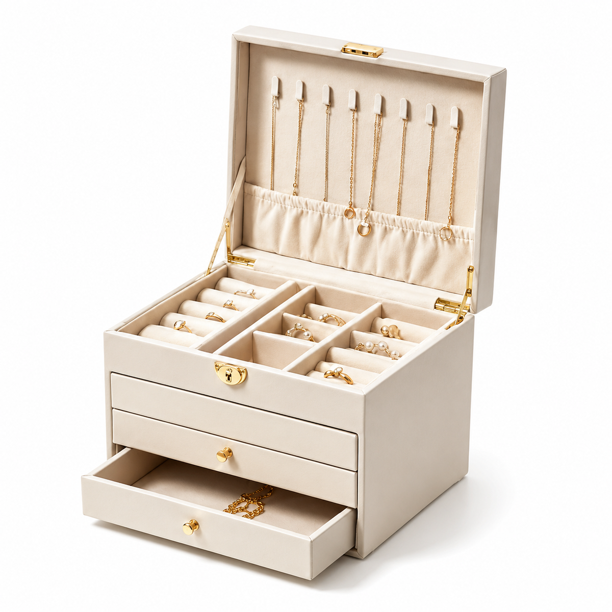Cream Multi-Tier Faux Leather Jewelry Box