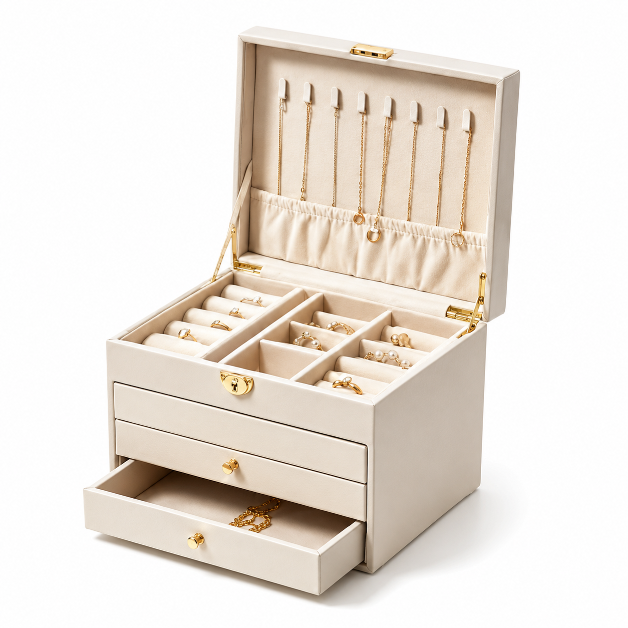 Cream Multi-Tier Faux Leather Jewelry Box