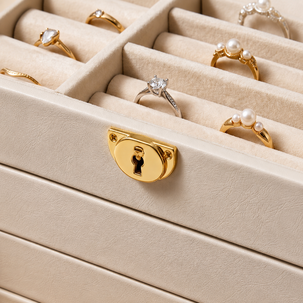 Cream Multi-Tier Faux Leather Jewelry Box