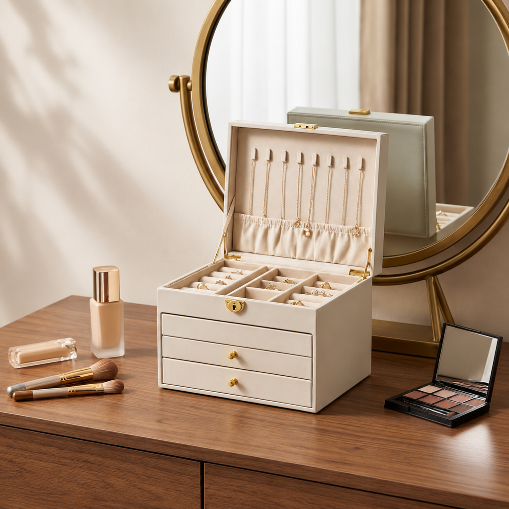 Cream Multi-Tier Faux Leather Jewelry Box