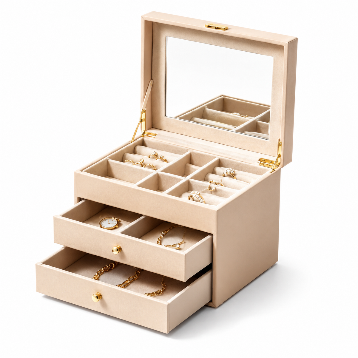 Sand Multi-Tier Jewelry Box with Mirror