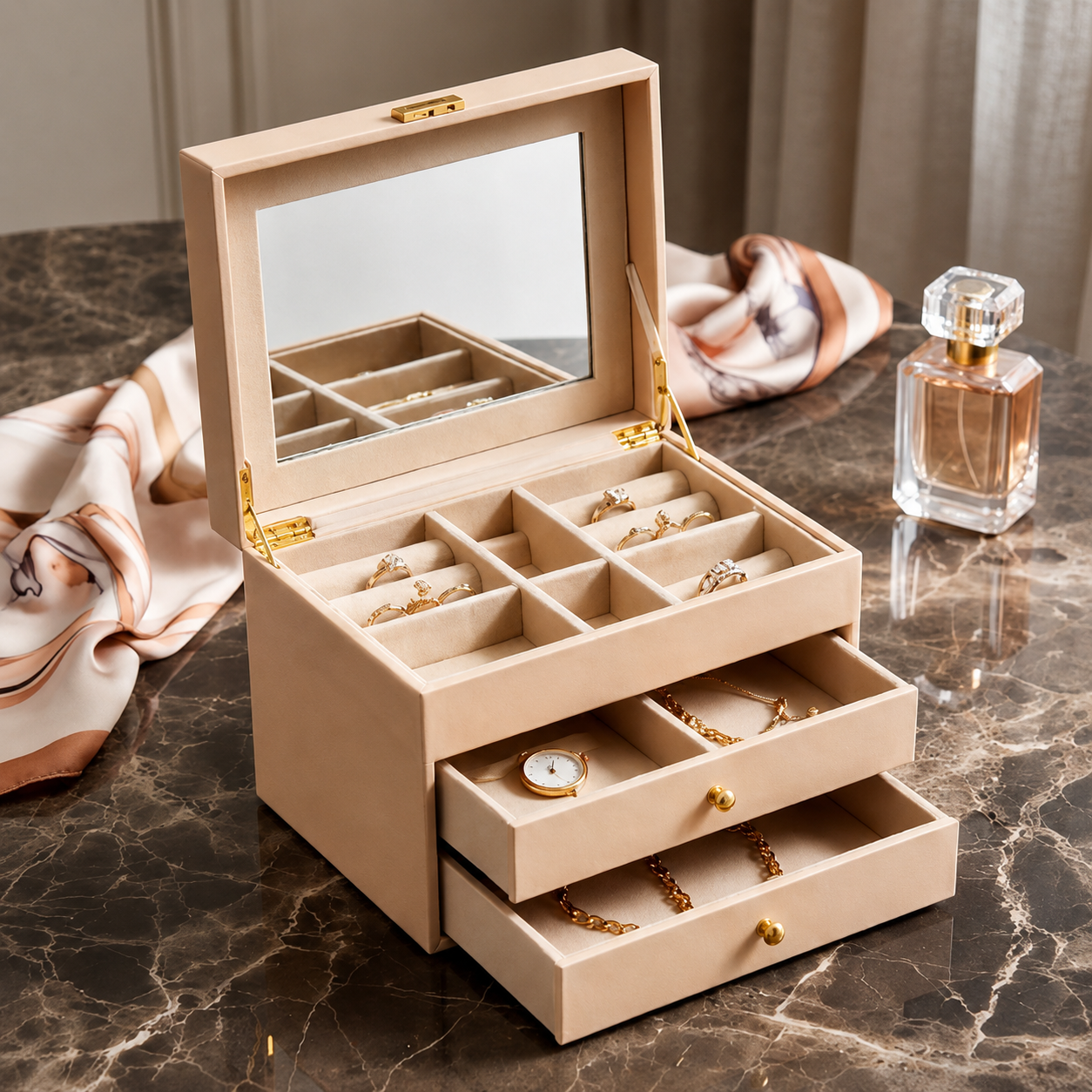 Sand Multi-Tier Jewelry Box with Mirror