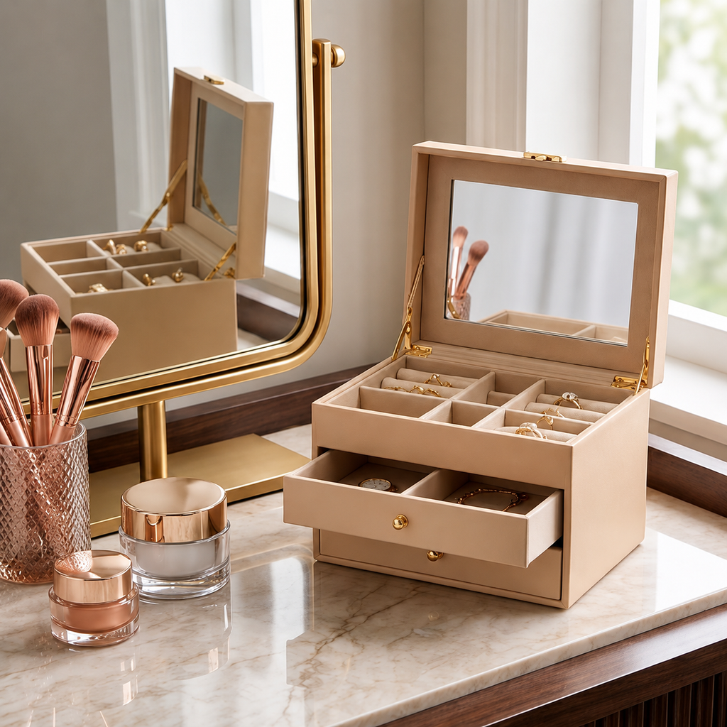 Sand Multi-Tier Jewelry Box with Mirror