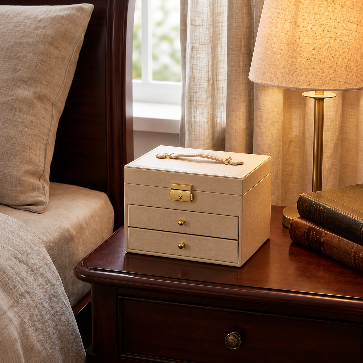 Sand Multi-Tier Jewelry Box with Mirror
