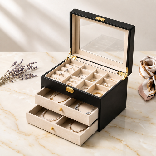 Classic Black Glass-Top Jewelry Box