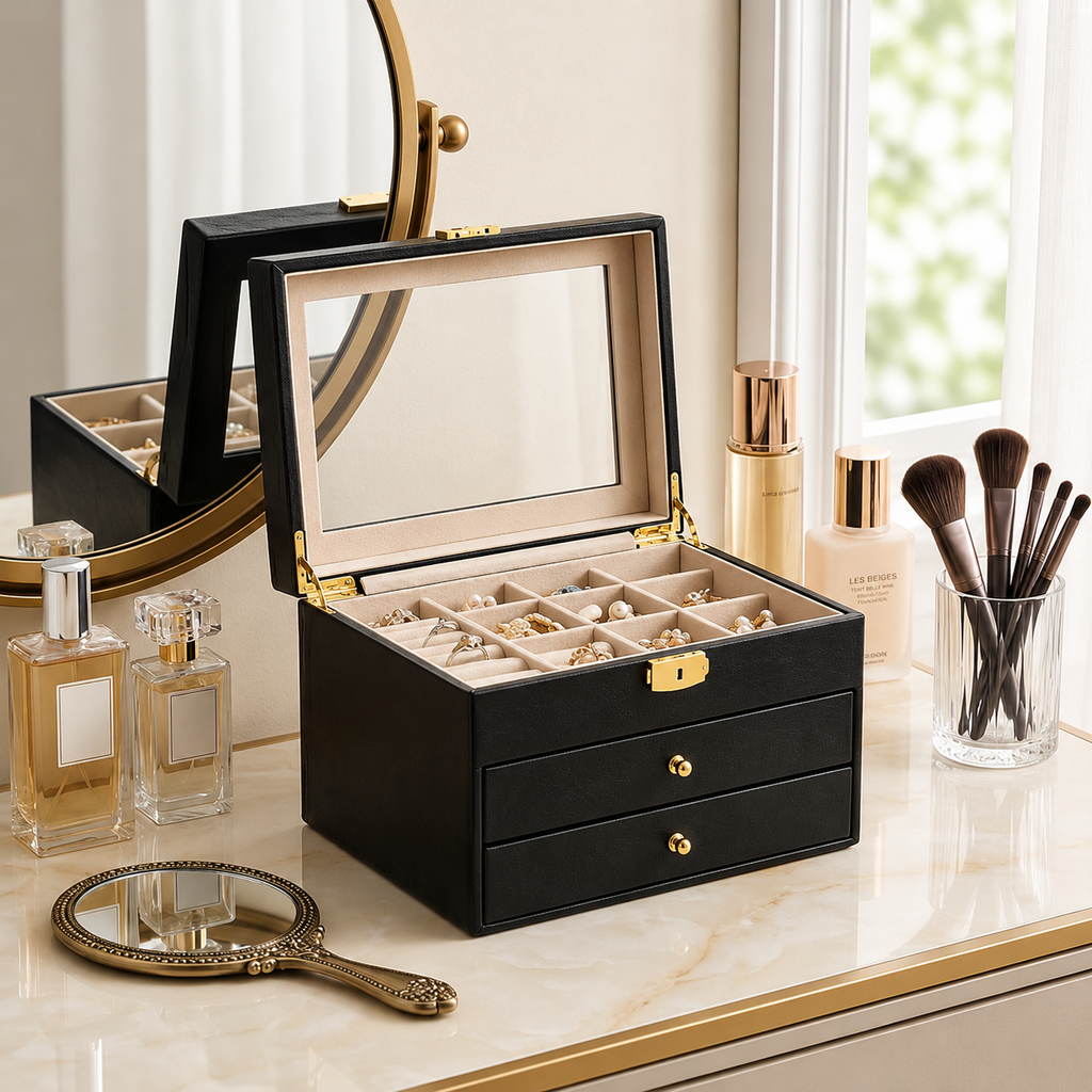 Classic Black Glass-Top Jewelry Box