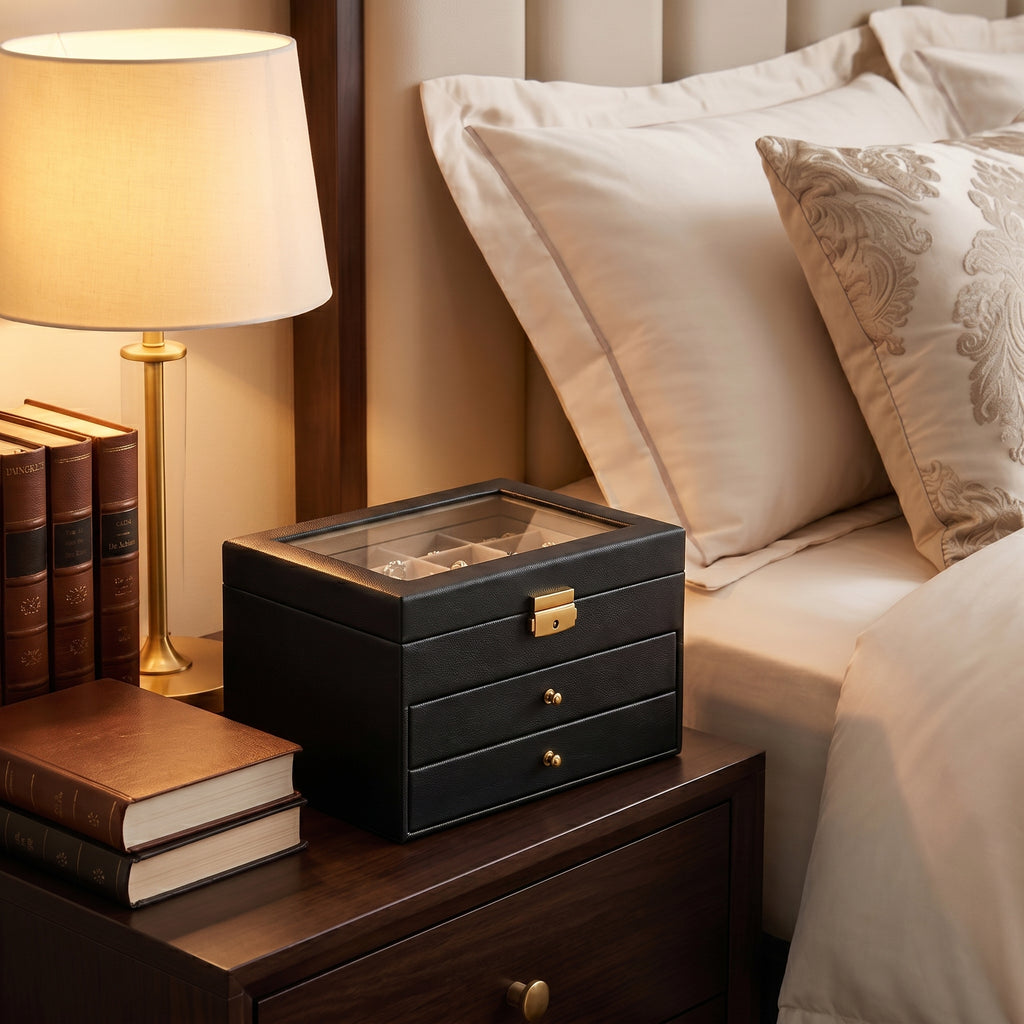 Classic Black Glass-Top Jewelry Box