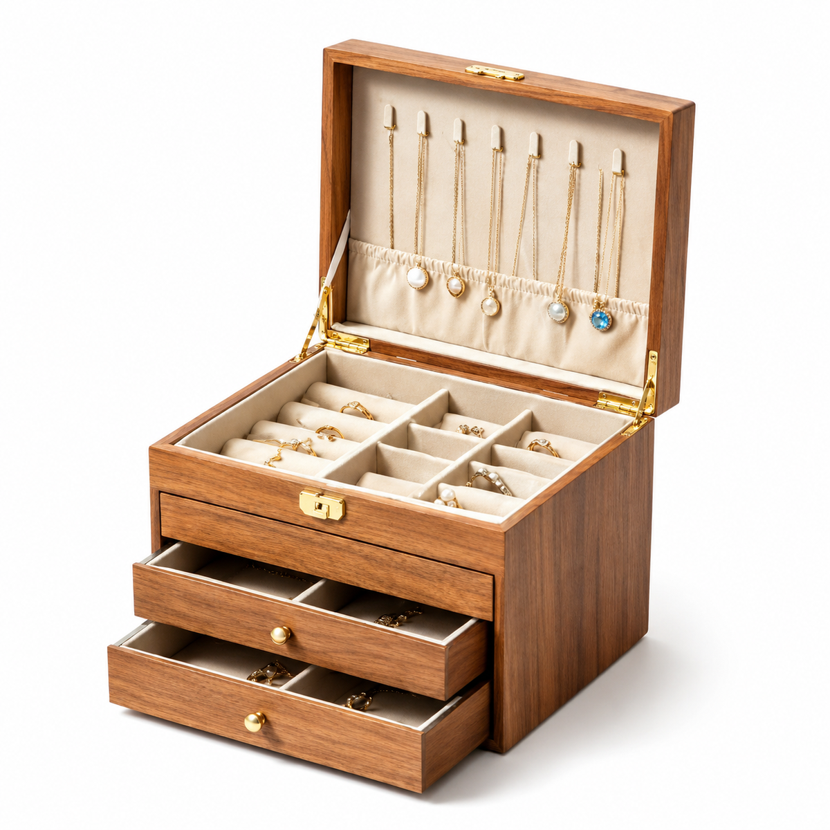 Walnut Finish Multi-Tier Wooden Jewelry Box