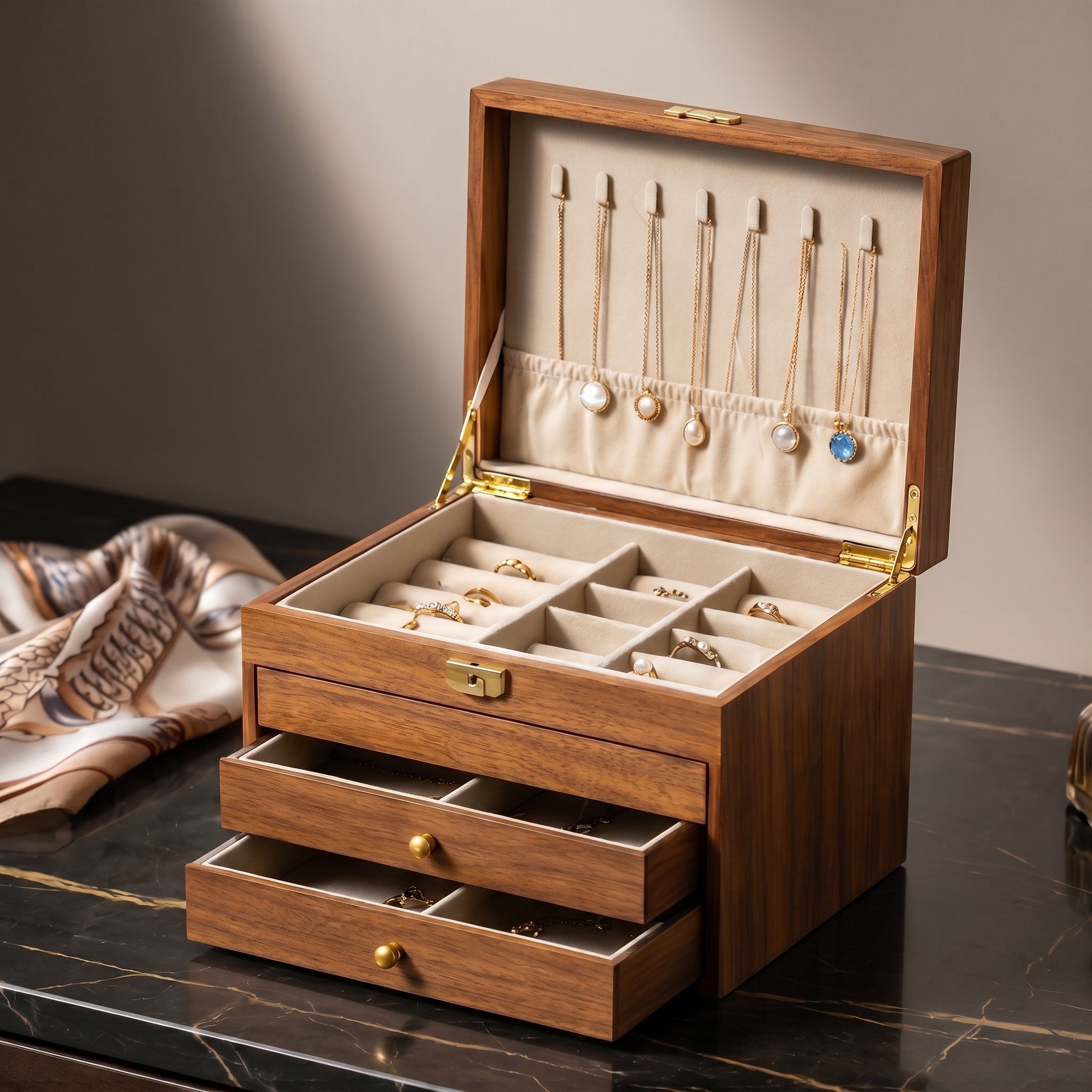 Walnut Finish Multi-Tier Wooden Jewelry Box