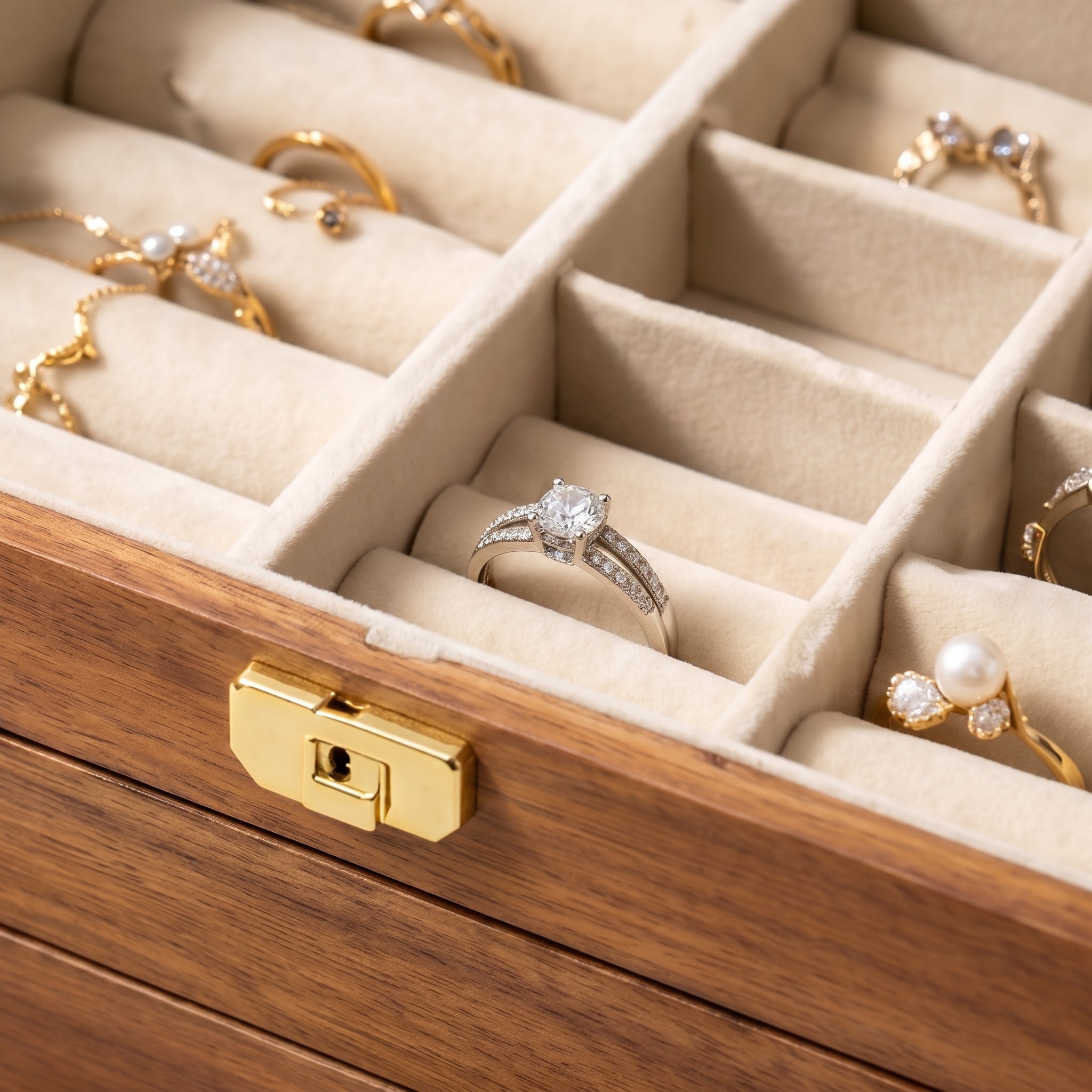 Walnut Finish Multi-Tier Wooden Jewelry Box