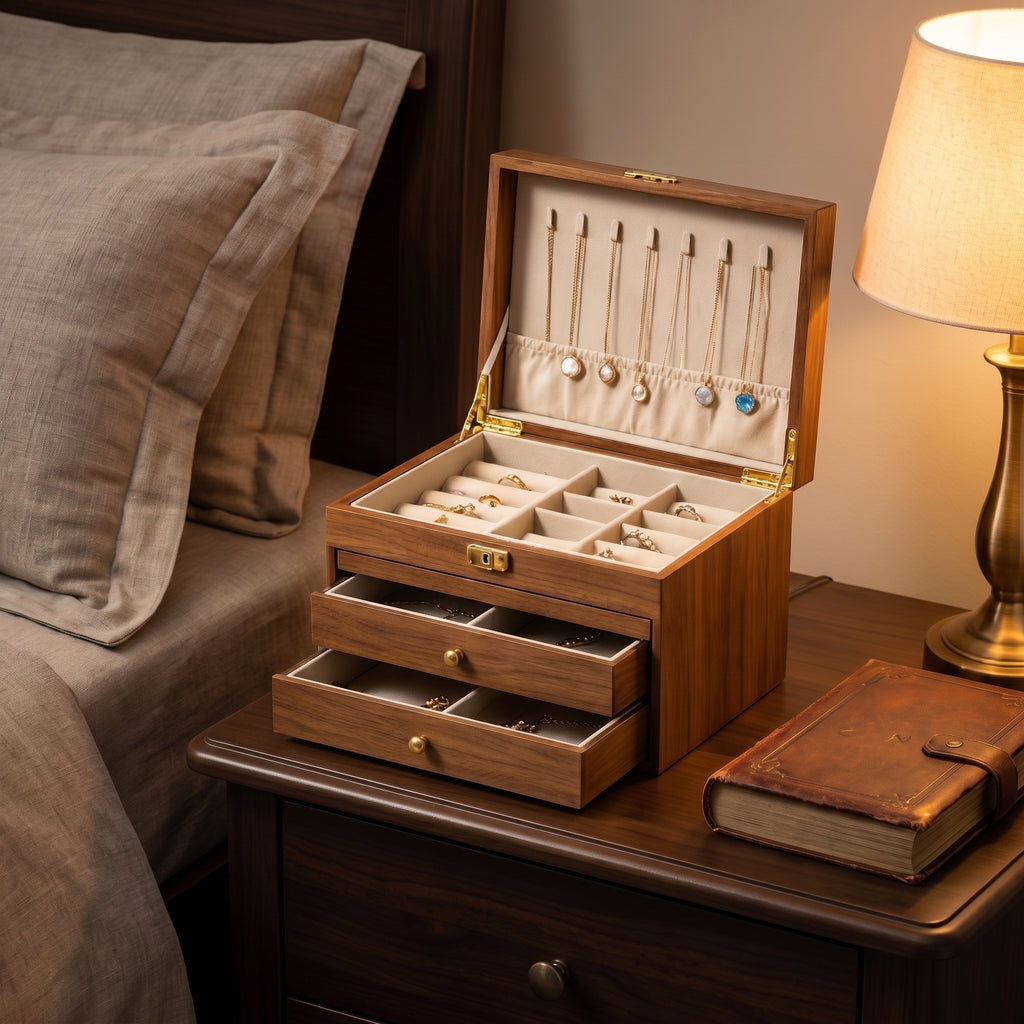 Walnut Finish Multi-Tier Wooden Jewelry Box