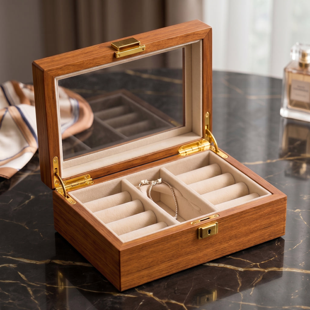 Walnut Glass-Top Wooden Jewelry Box