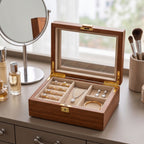 Walnut Glass-Top Wooden Jewelry Box