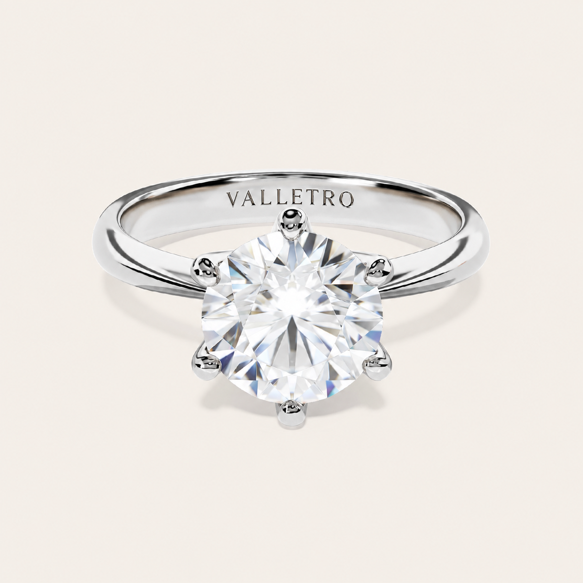 Valletro Round Solitaire moissanite ring in platinum-plated sterling silver