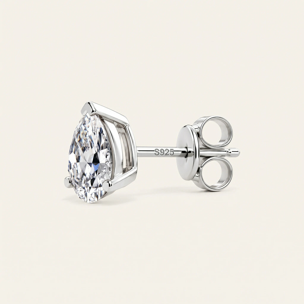 Valletro Pear Moissanite Stud Earrings, silver color, view 3