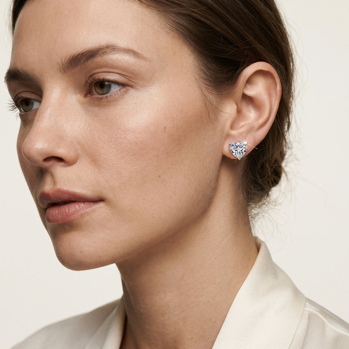 Heart Moissanite Stud Earrings — on-model styling view 2