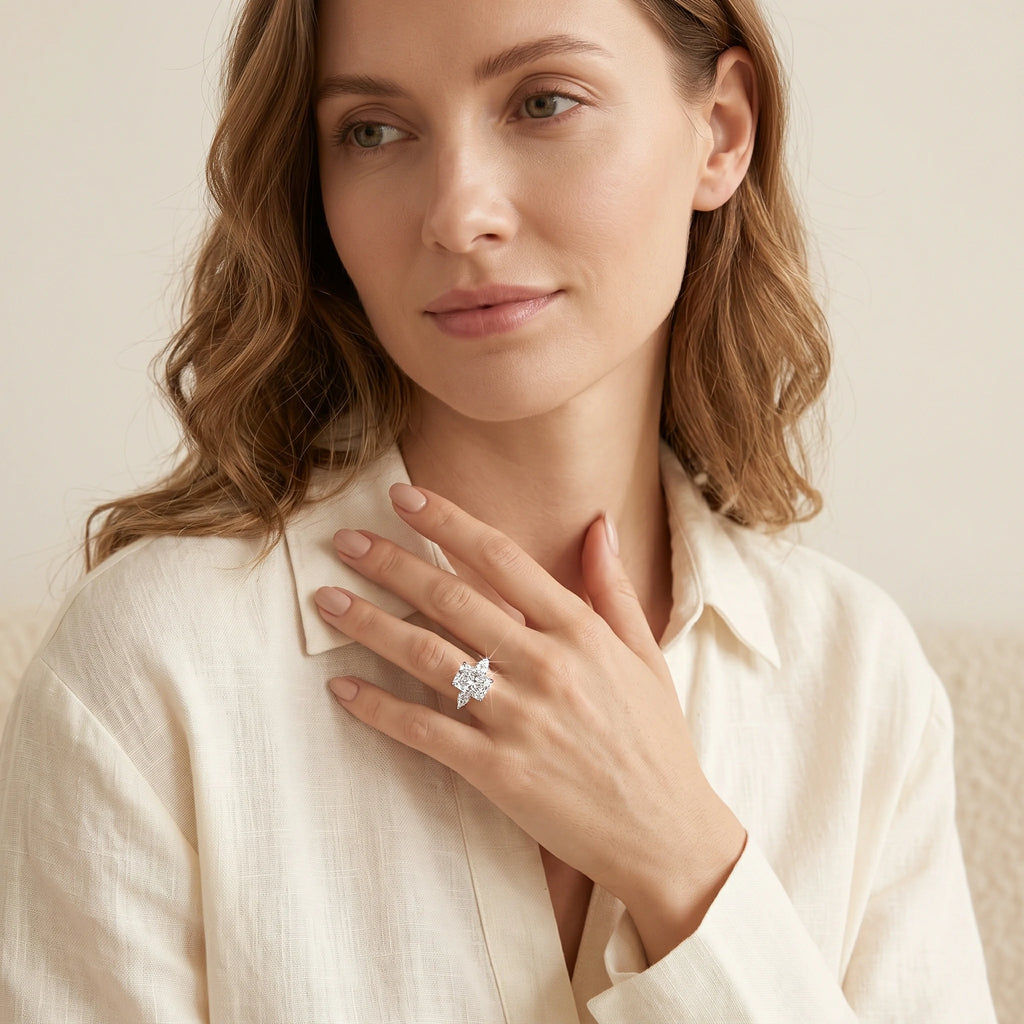 Radiant-Cut Moissanite Statement Ring — on-model styling view 2
