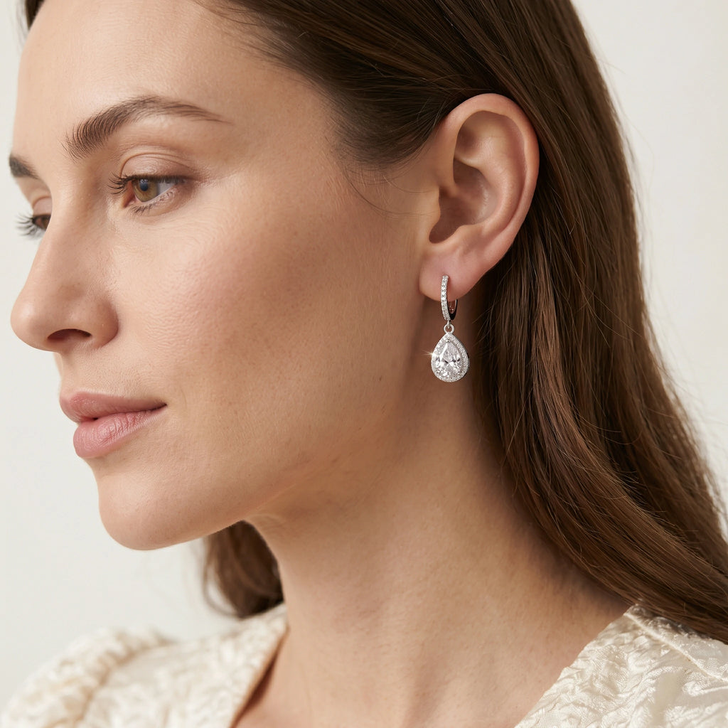 Pear Moissanite Drop Earrings — on-model styling view 2